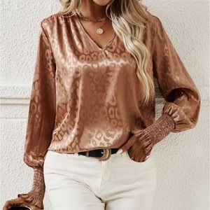 Brown leopard  print v neck long sleeve blouse